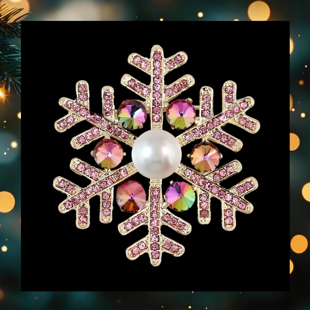 Christmas Brooch - Pink Rhinestone Snowflake Broach